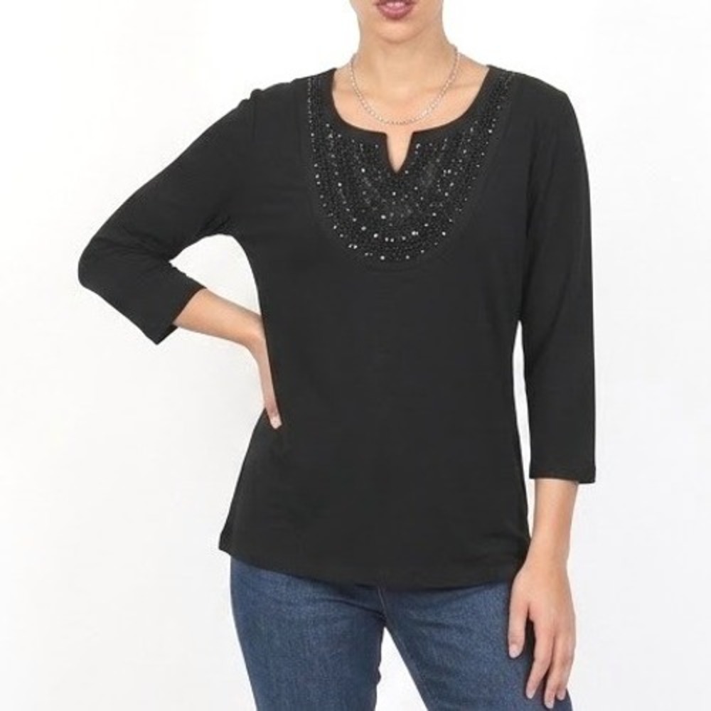 Susan Graver Top Women 2X Black Liquid Knit Beaded Split Neck 3/4 Sleeve Tunic